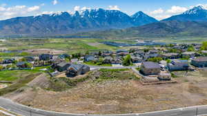 Aerial view of residential area with mountains