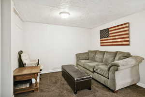 Carpeted living area featuring a textured ceiling and baseboards