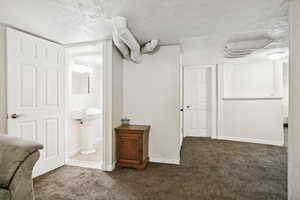 Bathroom featuring carpet floors and a textured ceiling