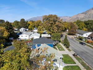 Aerial view of residential area with a mountainous background
