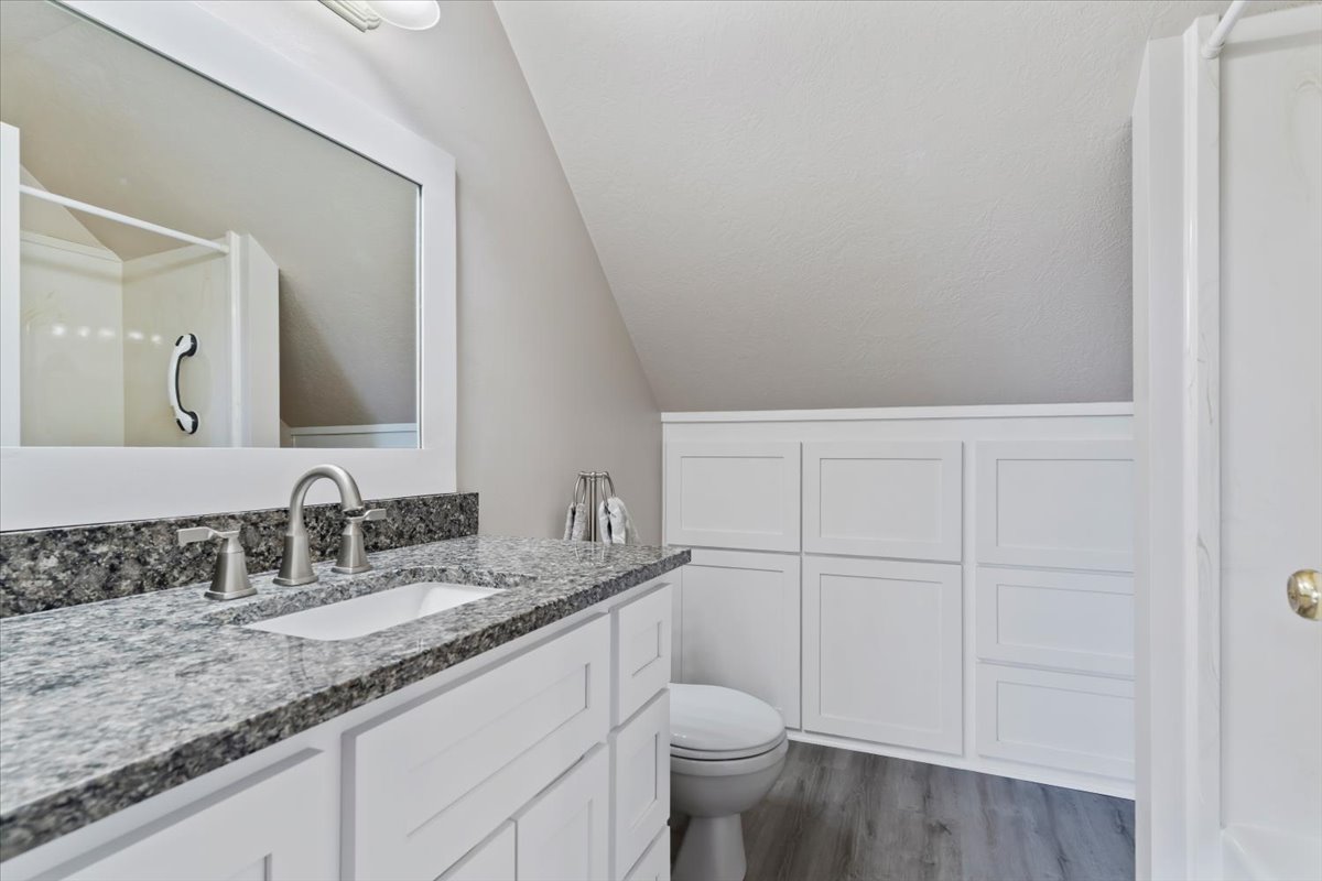 Bathroom with vanity, lofted ceiling, a shower, and dark wood-type flooring