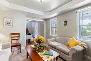 Living room with crown molding and a raised ceiling