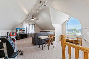 Bedroom featuring multiple windows, light colored carpet, vaulted ceiling, ceiling fan, and track lighting