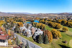 Aerial perspective of suburban area with a water and mountain view and a tree filled landscape