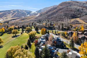 Aerial view of residential area featuring a mountain backdrop