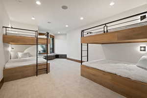 Bedroom featuring recessed lighting and light carpet