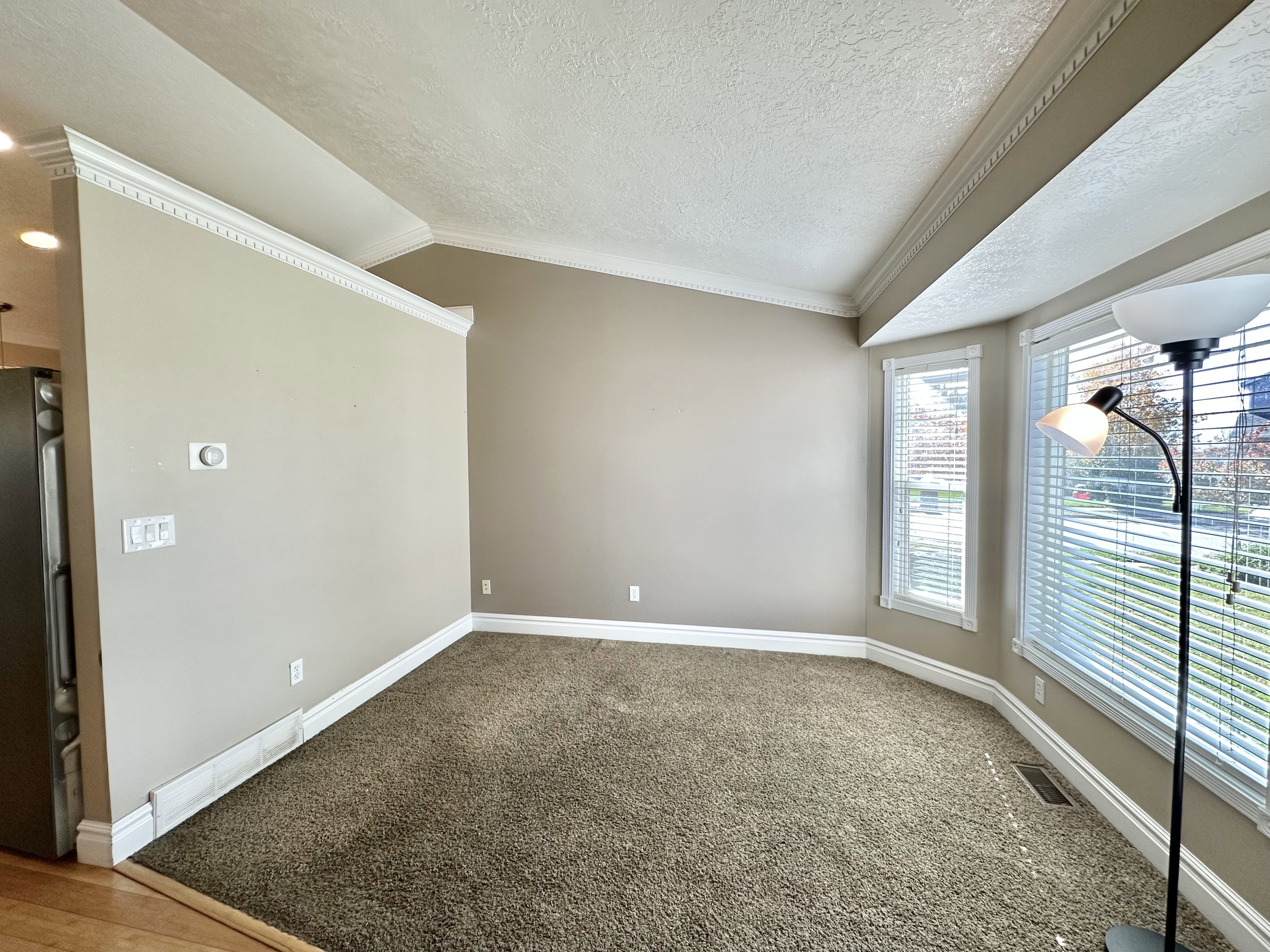 Formal or sitting room with bay box window and lots of natural light.  Vaulted ceiling.