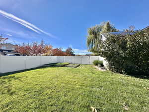 Fenced backyard with GATE near garden boxes.