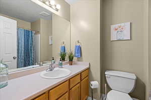 Bathroom with vanity and a shower with shower curtain