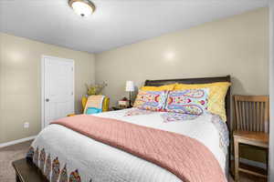 Bedroom featuring carpet flooring and a textured ceiling
