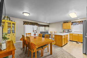 Dining room with a textured ceiling