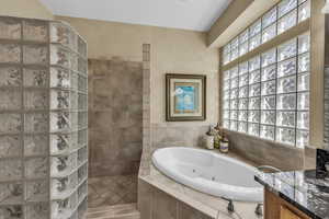 Full bathroom featuring walk in shower, a whirlpool tub, vanity, and tile walls