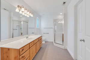 Full bathroom featuring a stall shower, vanity, light carpet, and recessed lighting