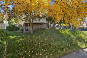 View of green lawn featuring a deck