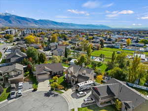 Aerial view of residential area with mountains
