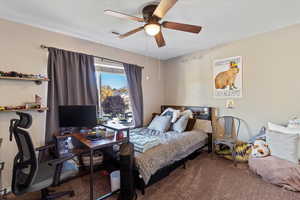 Bedroom with carpet flooring, an office area, and ceiling fan