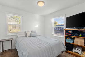 Carpeted bedroom with multiple windows