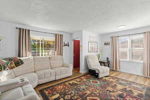 Living room with healthy amount of natural light, a textured ceiling, and wood finished floors
