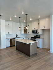Kitchen featuring a kitchen island, appliances with stainless steel finishes, white cabinets, decorative light fixtures, and recessed lighting