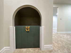 Detailed view of carpet flooring and arched walkways