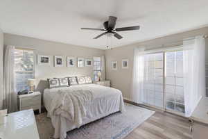 Bedroom featuring wood finished floors and a ceiling fan