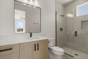 Full bath featuring healthy amount of natural light, vanity, and a shower stall