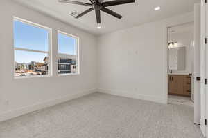 Unfurnished room with light carpet, a ceiling fan, recessed lighting, and a textured ceiling