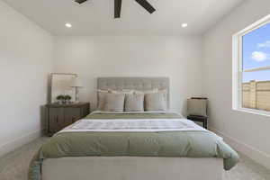 Bedroom with carpet, recessed lighting, and ceiling fan