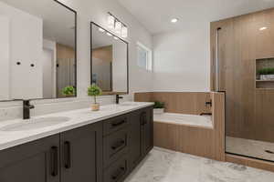 Full bathroom featuring a shower stall, double vanity, a bath, light marble finish floors, and a textured ceiling