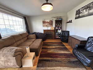 Living room featuring light wood flooring and an electric fireplace