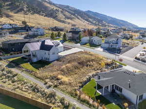 Aerial view of residential area with a mountainous background