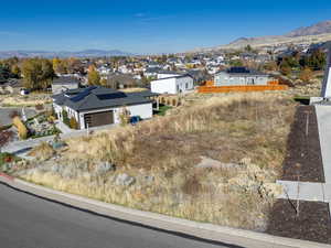 Aerial view of residential area with mountains