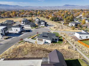 Aerial perspective of suburban area with mountains
