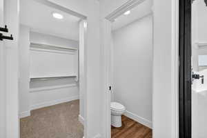 Bathroom featuring a walk in closet and dark carpet