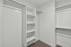 Walk in closet with dark colored carpet