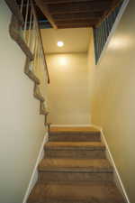 Staircase with carpet and baseboards
