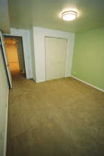 Unfurnished bedroom featuring carpet flooring, a textured ceiling, and a closet