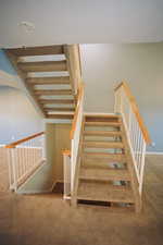 Staircase with carpet flooring and baseboards