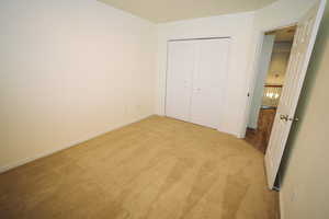 Unfurnished bedroom with carpet flooring and a closet