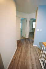 Corridor with dark wood-style flooring and healthy amount of natural light