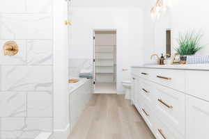 Primary bathroom featuring vanity, light wood finished floors, a spacious closet, and tiled shower