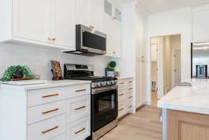 Kitchen with appliances with stainless steel finishes, light wood-type flooring, white cabinetry, and backsplash
