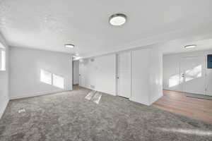 Unfurnished room with a textured ceiling, light carpet, and electric panel