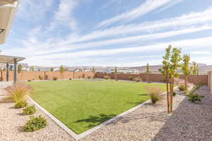 Fenced backyard featuring a residential view
