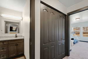 Bathroom featuring vanity and light colored carpet