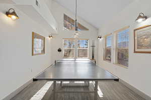 Game room featuring high vaulted ceiling and carpet floors