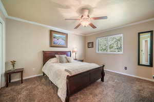 Carpeted bedroom with crown molding and ceiling fan