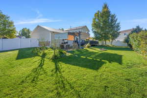 Back of house with a fenced backyard and a gate