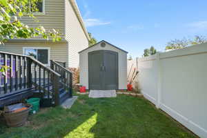 View of shed featuring a fenced backyard