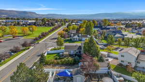 Aerial view of residential area featuring mountains